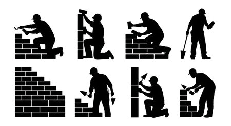 Black Solid Masons Laying Bricks Silhouettes Set of Six on White Background isolated on plain white background.のイラスト素材