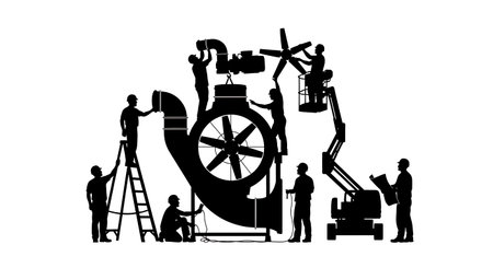 Black Solid Industrial Fan Install Silhouettes Set of Six on White Background isolated on plain white background.のイラスト素材