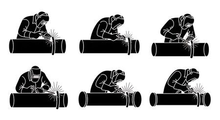Black Solid Large Pipe Welder Silhouettes Set of Six on White Background isolated on plain white background.のイラスト素材