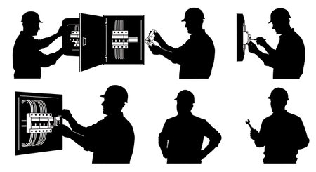 Black Solid Fuse Box Upgrade Silhouettes Set of Six on White Background isolated on plain white background.のイラスト素材