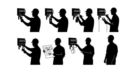 Black Solid Lock Out Tag Out Silhouettes Set of Six on White Background isolated on plain white background.のイラスト素材