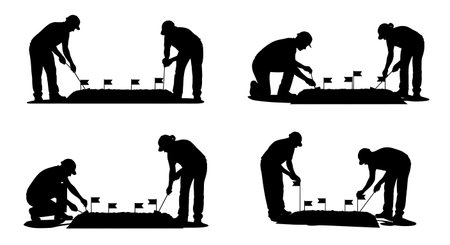 Black Solid Landscape Engineer Silhouettes Set of Six on White Background isolated on plain white background.のイラスト素材