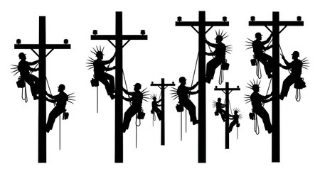 Black Solid Lineman Pole Climber Silhouettes Set of Six on White Background isolated on plain white background.のイラスト素材