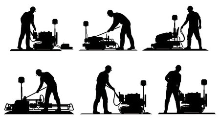 Black Solid Laser Screed Machine Silhouettes Set of Six on White Background isolated on plain white background.のイラスト素材