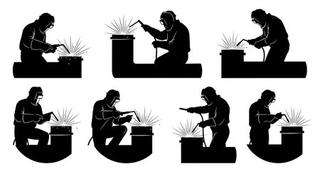 Black Solid Boiler Tube Welder Silhouettes Set of Six on White Background isolated on plain white background.のイラスト素材