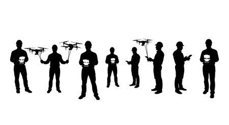 Black Solid Architect Drone Controller Silhouettes Set of Six on White Background isolated on plain white background.のイラスト素材