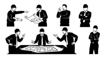 Black Solid Architect Debate Silhouettes Set of Six on White Background isolated on plain white background.のイラスト素材