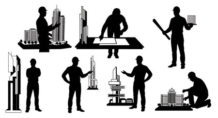 Black Solid Architect Rolling Blueprints Silhouettes Set of Six on White Background isolated on plain white background.のイラスト素材
