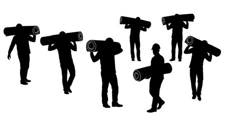 Black Solid Architect Carrying Material Roll Silhouettes Set of Six on White Background isolated on plain white background.のイラスト素材