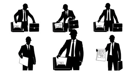 Black Solid Architect Inspecting Ceiling Silhouettes Set of Six on White Background isolated on plain white background.のイラスト素材