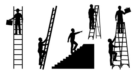 Black Solid Architect Climbing Ladder Silhouettes Set of Six on White Background isolated on plain white background.のイラスト素材