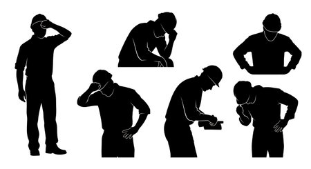 Black Solid Architect Holding Compass Silhouettes Set of Six on White Background isolated on plain white background.のイラスト素材