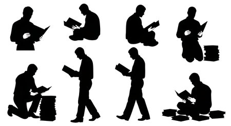 Black Solid Architect Reading Manual Silhouettes Set of Six on White Background isolated on plain white background.のイラスト素材