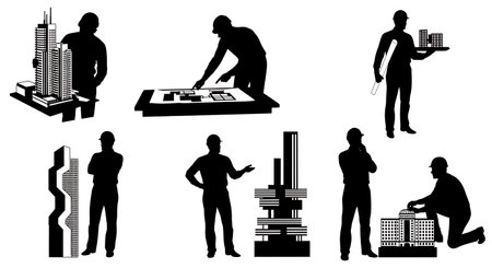 Black Solid Architect Rolling Blueprints Silhouettes Set of Six on White Background isolated on plain white background.のイラスト素材