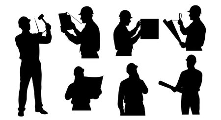 Black Solid Architect Holding Hammer Silhouettes Set of Six on White Background isolated on plain white background.のイラスト素材
