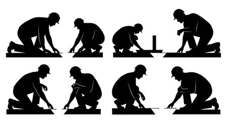 Black Solid Architect Crouching Inspection Silhouettes Set of Six on White Background isolated on plain white background.のイラスト素材