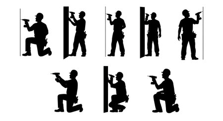 Black Solid Builder Power Drill Silhouettes Set of Six on White Background isolated on plain white background.のイラスト素材