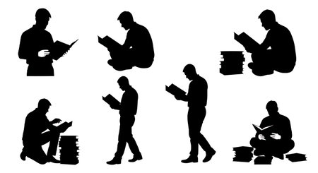Black Solid Architect Reading Manual Silhouettes Set of Six on White Background isolated on plain white background.のイラスト素材