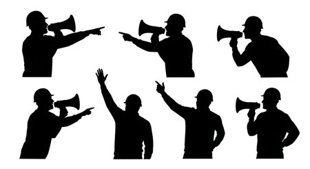 Black Solid Architect with Megaphone Silhouettes Set of Six on White Background isolated on plain white background.のイラスト素材