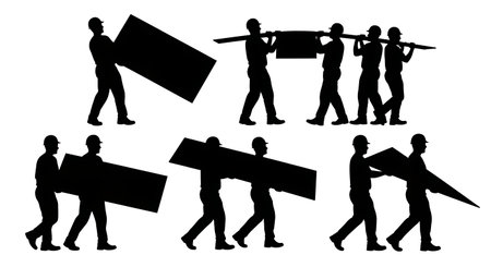 Black Solid Carpenter Carrying Plywood Silhouettes Set of Six on White Background isolated on plain white background.のイラスト素材