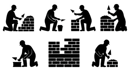 Black Solid Bricklayer Trowel Silhouettes Set of Six on White Background isolated on plain white background.のイラスト素材
