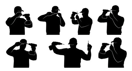 Black Solid Carpenter Checking Bit Silhouettes Set of Six on White Background isolated on plain white background.のイラスト素材