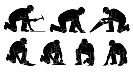Black Solid Carpenter Knee Pads Silhouettes Set of Six on White Background isolated on plain white background.のイラスト素材