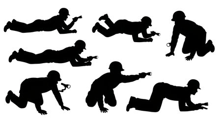 Black Solid Attic Crawl Space Electrician Silhouettes Set of Six on White Background isolated on plain white background.のイラスト素材