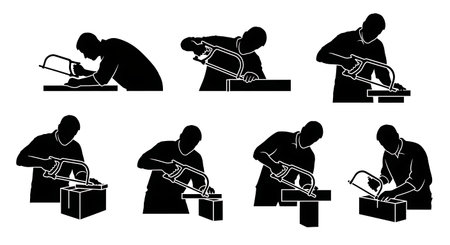 Black Solid Carpenter Coping Saw Silhouettes Set of Six on White Background isolated on plain white background.のイラスト素材