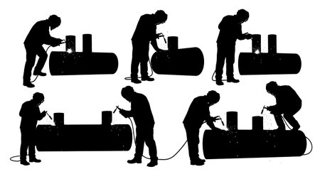 Black Solid Boiler Tube Welder Silhouettes Set of Six on White Background isolated on plain white background.のイラスト素材