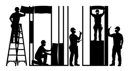 Black Solid Carpenter Installing Insulation Silhouettes Set of Six on White Background isolated on plain white background.のイラスト素材