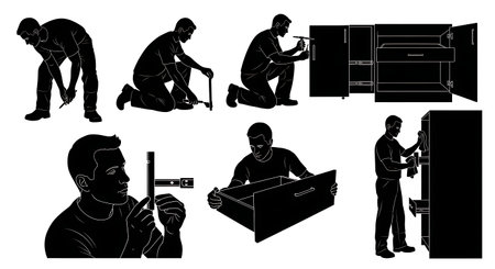 Black Solid Carpenter Cabinetry Fitting Silhouettes Set of Six on White Background isolated on plain white background.のイラスト素材