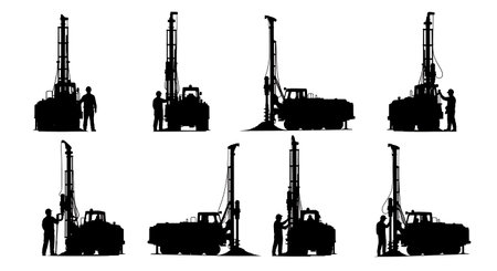 Black Solid Blast Hole Drill Silhouettes Set of Six on White Background isolated on plain white background.のイラスト素材