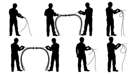 Black Solid Cable Tie Gun Silhouettes Set of Six on White Background isolated on plain white background.のイラスト素材