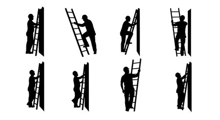Black Solid Carpenter Ladder Setup Silhouettes Set of Six on White Background isolated on plain white background.のイラスト素材