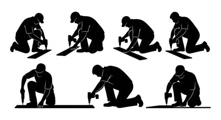 Black Solid Carpenter Decking Screw Silhouettes Set of Six on White Background isolated on plain white background.のイラスト素材