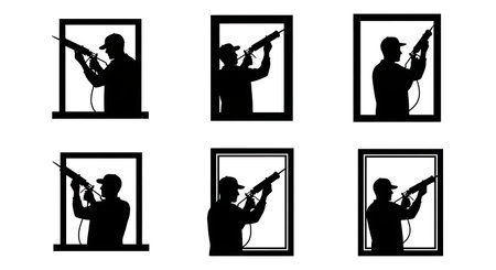 Black Solid Carpenter Caulking Gun Silhouettes Set of Six on White Background isolated on plain white background.のイラスト素材