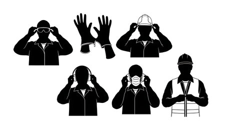 Black Solid Carpenter Safety Gear Silhouettes Set of Six on White Background isolated on plain white background.のイラスト素材
