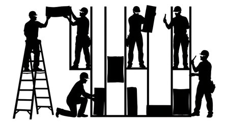Black Solid Carpenter Installing Insulation Silhouettes Set of Six on White Background isolated on plain white background.のイラスト素材