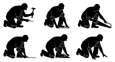 Black Solid Carpenter Knee Pads Silhouettes Set of Six on White Background isolated on plain white background.のイラスト素材