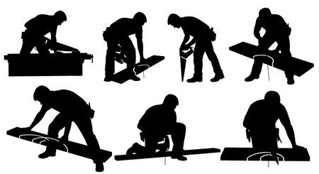 Black Solid Carpenter Jigsaw Cutting Silhouettes Set of Six on White Background isolated on plain white background.のイラスト素材