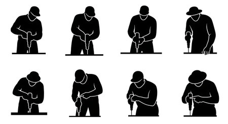 Black Solid Carpenter Pilot Hole Silhouettes Set of Six on White Background isolated on plain white background.のイラスト素材