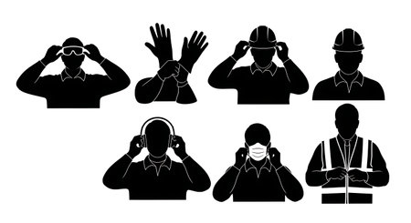 Black Solid Carpenter Safety Gear Silhouettes Set of Six on White Background isolated on plain white background.のイラスト素材