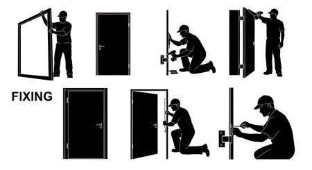 Black Solid Carpenter Door Installation Silhouettes Set of Six on White Background isolated on plain white background.のイラスト素材