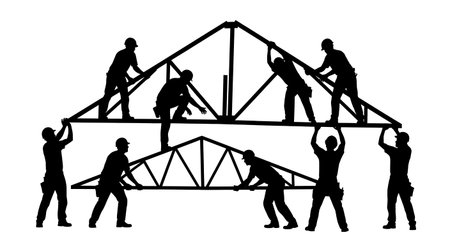 Black Solid Carpenter Roof Truss Silhouettes Set of Six on White Background isolated on plain white background.のイラスト素材