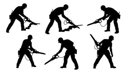 Black Solid Carpenter Reciprocating Saw Silhouettes Set of Six on White Background isolated on plain white background.のイラスト素材