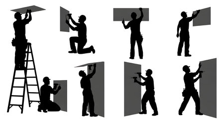 Black Solid Carpenter Drywall Screw Silhouettes Set of Six on White Background isolated on plain white background.のイラスト素材