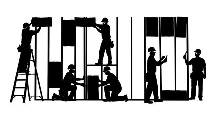 Black Solid Carpenter Installing Insulation Silhouettes Set of Six on White Background isolated on plain white background.のイラスト素材