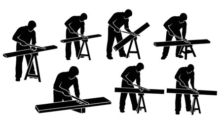 Black Solid Carpenter Using Rasp Silhouettes Set of Six on White Background isolated on plain white background.のイラスト素材
