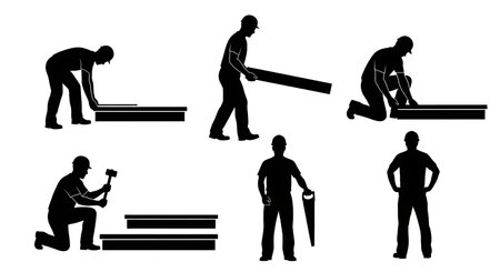 Black Solid Carpenter Stair Install Silhouettes Set of Six on White Background isolated on plain white background.のイラスト素材